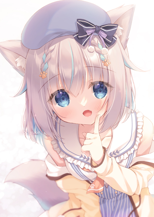 1girl :d animal_ear_fluff animal_ears bare_shoulders beret black_bow blue_eyes blue_hair blue_hat blue_skirt blush bow braid brown_jacket collarbone commentary_request fang finger_to_cheek frilled_sailor_collar frills grey_hair haconect hand_up hat hat_bow index_finger_raised jacket leaning_forward looking_at_viewer mofuyama_sorara multicolored_hair off_shoulder open_clothes open_jacket open_mouth purple_bow sailor_collar shirt skirt sleeveless sleeveless_shirt smile solo streaked_hair striped_clothes striped_skirt suspender_skirt suspenders tail twitter_username vertical-striped_clothes vertical-striped_skirt virtual_youtuber white_background white_sailor_collar white_shirt yukie_(peach_candy)