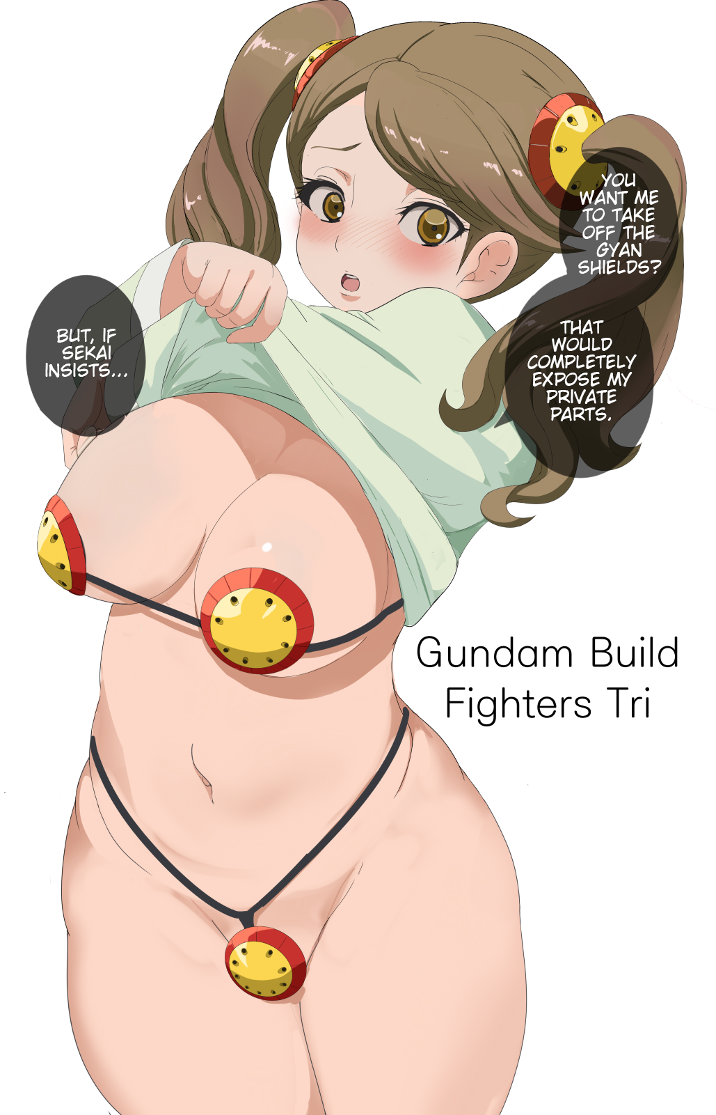 1girl bikini breasts brown_hair female_focus gundam gundam_build_fighters gundam_build_fighters_try hair_ornament highres large_breasts long_hair looking_at_viewer makoto_daikichi sazaki_kaoruko swimsuit translated twintails