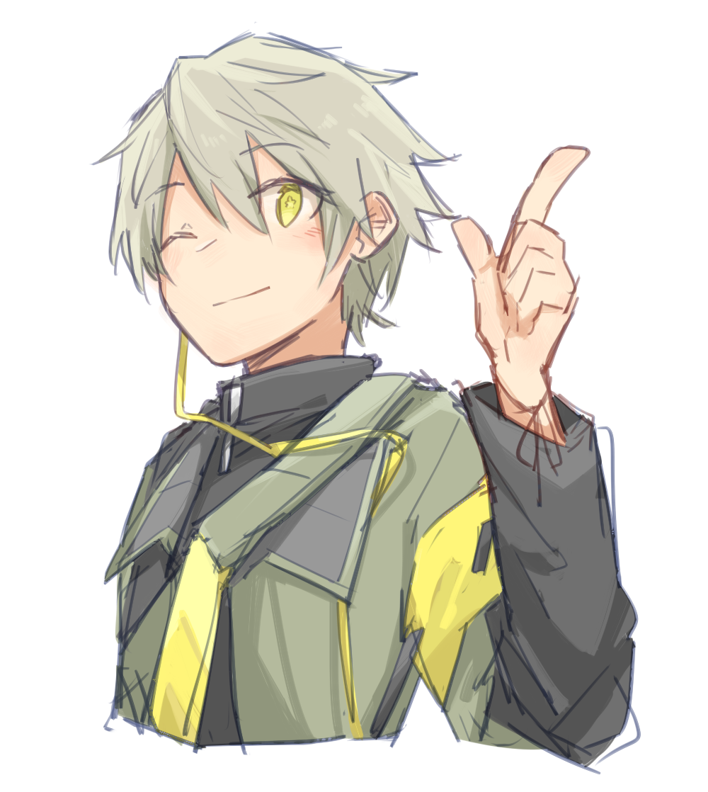 1boy armband bad_id bad_pixiv_id brown_hair genderswap genderswap_(ftm) girls&#039;_frontline hair_between_eyes jacket light_brown_hair long_sleeves looking_at_viewer male_focus one_eye_closed short_hair simple_background smile solo star-shaped_pupils star_(symbol) symbol-shaped_pupils ump40_(girls&#039;_frontline) upper_body white_background xinhao yellow_eyes