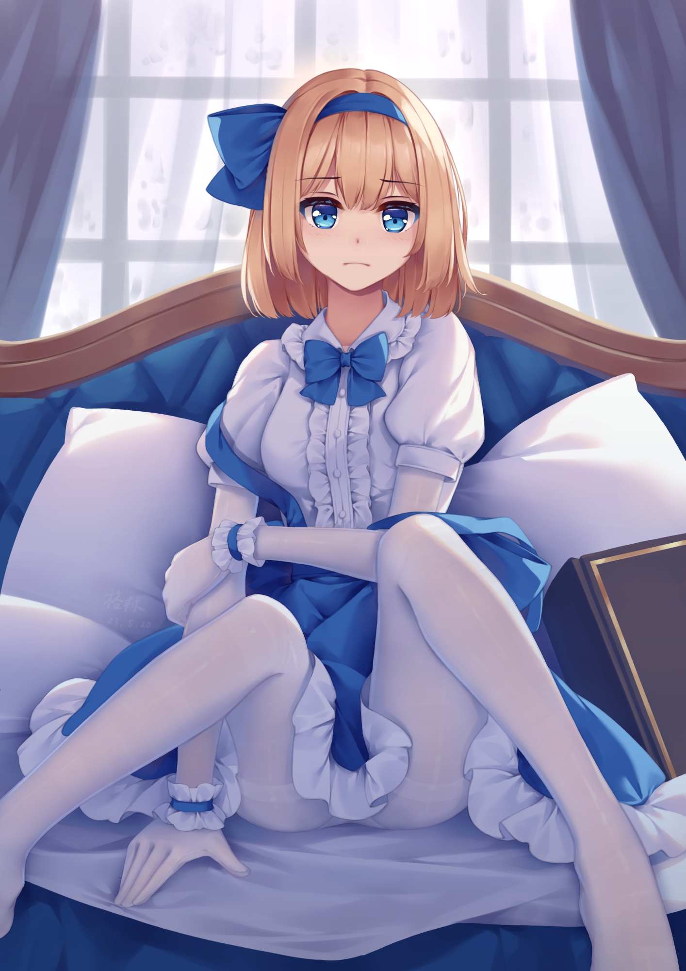 1girl alice_margatroid alice_margatroid_(pc-98) blonde_hair blue_bow blue_eyes blue_hairband blue_ribbon blue_skirt bow center_frills frilled_shirt_collar frills hairband highres indoors looking_at_viewer mechrailgun medium_hair panties panties_under_pantyhose pantyhose puffy_short_sleeves puffy_sleeves ribbon shirt short_sleeves sitting skirt solo sunlight touhou touhou_(pc-98) underwear white_pantyhose white_shirt window