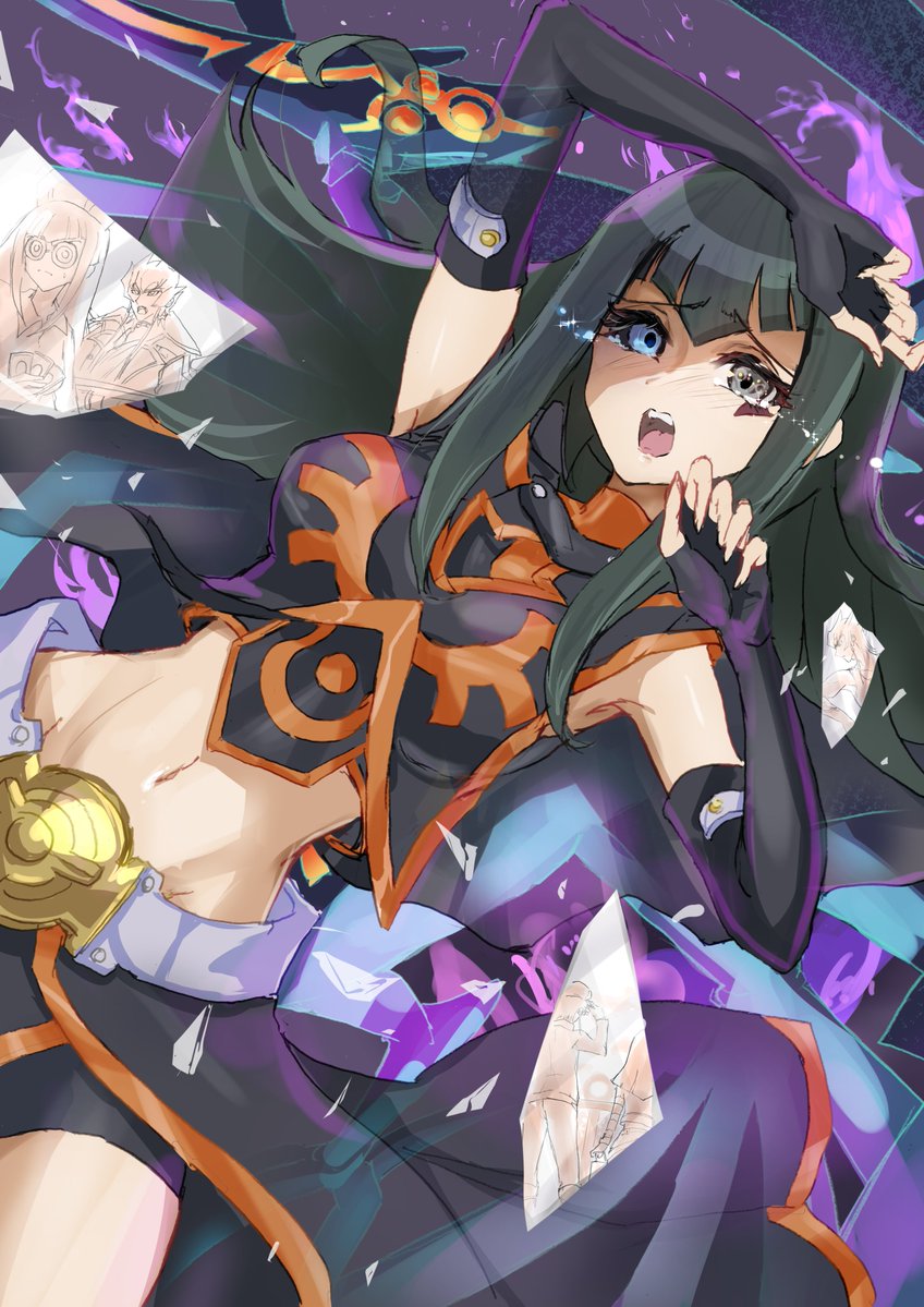 1girl black_eyes black_gloves black_sclera black_shorts black_skirt blue_eyes broken_glass carly_nagisa colored_sclera dark_signer_uniform facial_mark fingerless_gloves fire glass gloves heterochromia jack_atlas missing_commentary navel noppe purple_fire shorts skirt solo tears yu-gi-oh! yu-gi-oh!_5d&#039;s