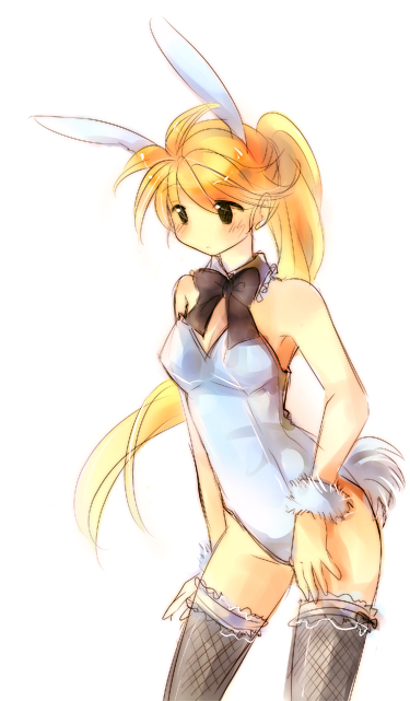 1990s_(style) 1girl alternate_costume animal_ears bad_id bad_pixiv_id bare_shoulders blonde_hair fake_animal_ears female_focus leotard nintendo playboy_bunny pokemon pokemon_adventures pokemon_rgby ponytail rabbit_ears retro_artstyle simple_background solo tachiuo_(arines) thighhighs yellow_(pokemon)