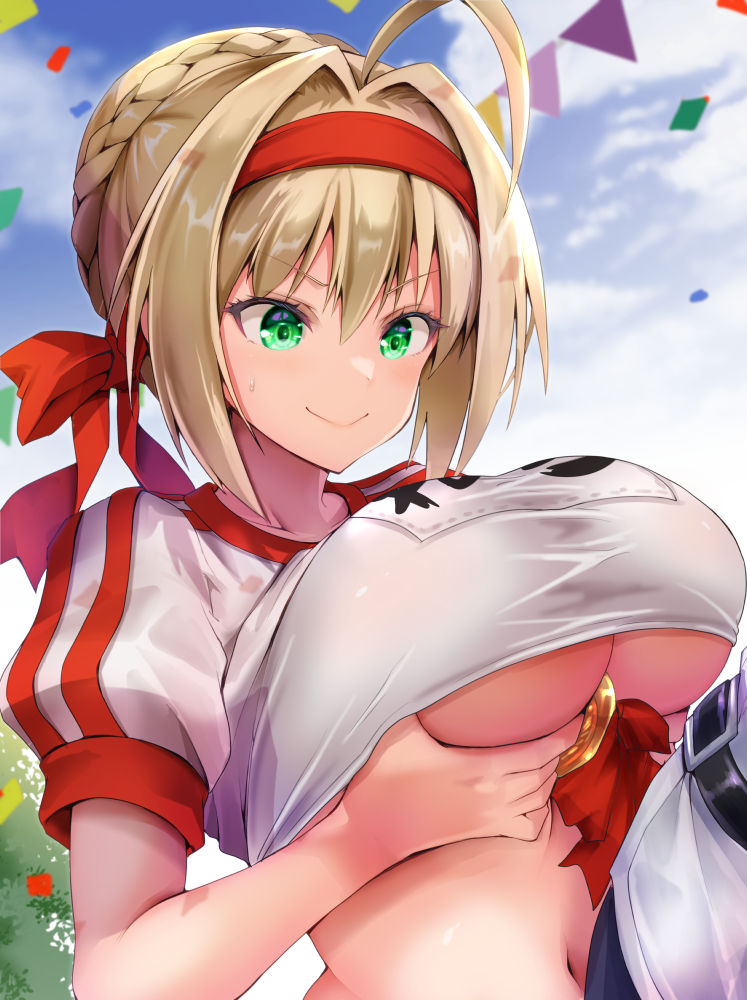1boy 1girl ahoge asahi_(fullmetal_madness) blonde_hair blue_sky braid breasts closed_mouth cloud commentary_request day fate/grand_order fate_(series) green_eyes headband hetero large_breasts navel nero_claudius_(fate) nero_claudius_(olympian_bloomers)_(fate) outdoors paizuri red_headband shirt short_hair short_sleeves sky smile solo_focus white_shirt
