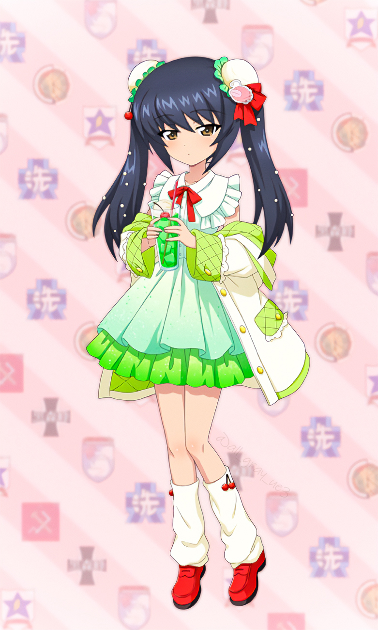 anglerfish bored cherry coat double_bun drinking_straw fish food fruit girls_und_panzer girls_und_panzer_senshadou_daisakusen! glass hair_bun hair_ribbon highres ice ice_cube knees logo loose_socks melon_soda official_alternate_costume official_art red_shoes reizei_mako ribbon shoes socks twintails