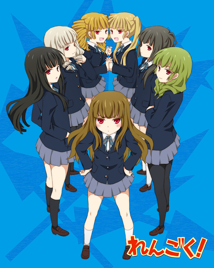 07th_expansion 6+girls alternate_costume asmodeus_(umineko) beelzebub_(umineko) belphegor_(umineko) black_hair black_legwear blonde_hair blush brown_hair drill_hair fang female_focus full_body green_hair hands_on_own_hips hime_cut holding_hands houbunsha interlocked_fingers k-on! kneepits kotoko_(oxxxo) legs leviathan_(umineko) loafers long_hair looking_at_viewer lucifer_(umineko) mammon_(umineko) miniskirt multiple_girls no_naku_koro_ni_(series) open_mouth pantyhose parody pleated_skirt red_eyes ribbon ryukishi07 satan_(umineko) school_uniform shoes skirt smile socks stakes_of_purgatory standing title_parody twintails umineko_no_naku_koro_ni white_hair white_legwear