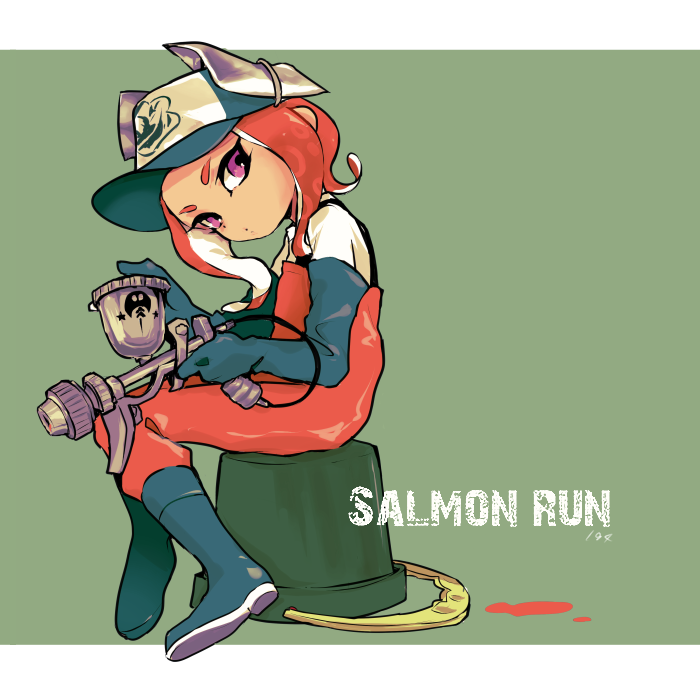 1girl aerospray_(splatoon) baseball_cap boots closed_mouth commentary_request dot_mouth elbow_gloves expressionless full_body gloves green_background green_boots green_gloves green_hat hat holding holding_weapon imaikuy0 medium_hair nintendo octoling octoling_girl octoling_player_character orange_hair orange_overalls overalls parted_bangs purple_eyes rubber_boots rubber_gloves salmon_run_(splatoon) shirt sitting solo splatoon_(series) splatoon_2 tentacle_hair tri-slosher_(splatoon) weapon white_shirt