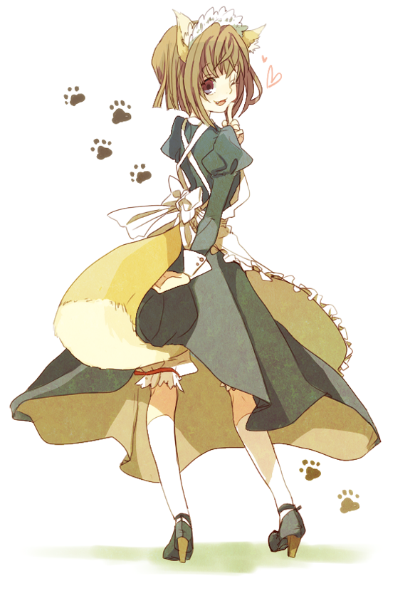 1girl ;d alternate_costume animal_ear_fluff animal_ears apron black_dress black_shoes bloomers bob_cut bow brown_eyes brown_hair clothes_lift dress dress_lift fang finger_to_mouth flat_chest fox_ears fox_girl fox_tail frilled_apron frills from_behind full_body hand_on_own_tail heart high_heels index_finger_raised juliet_sleeves kitsune kneehighs lifted_by_tail long_sleeves looking_at_viewer looking_back maid maid_apron maid_headdress noritamako one_eye_closed open_mouth paw_print puffy_sleeves pumps shoes short_hair sleeve_cuffs smile socks solo tactics tail traditional_youkai underwear white_apron white_bloomers white_socks wind wind_lift youko_(tactics)