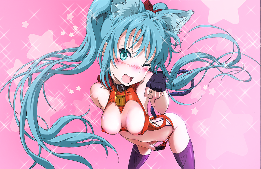 1girl ;d animal_ears ass bare_shoulders blue_eyes blue_hair blush breasts cat_ears cat_tail cleavage cleavage_cutout clothing_cutout collar covered_erect_nipples cowboy_shot fake_animal_ears female_focus fingerless_gloves gloves gradient_background hair_ribbon hatsune_miku kemonomimi_mode lock long_hair matching_hair/eyes medium_breasts one_eye_closed open_mouth ribbon shiika_sadamasa sleeveless smile solo tail thighhighs twintails vocaloid