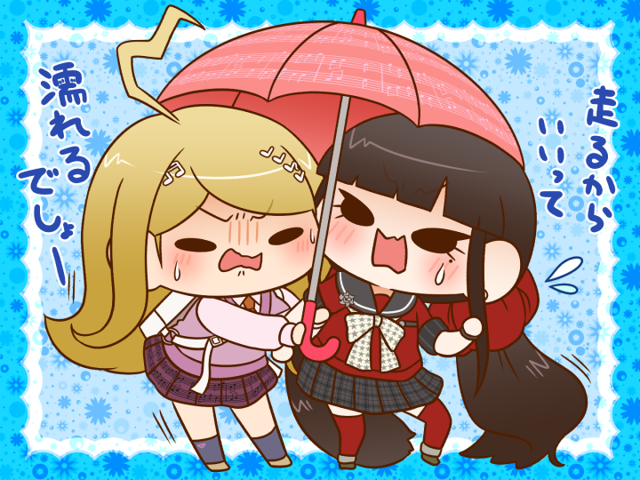 2girls ahoge akamatsu_kaede backpack bag belt_buckle black_eyes black_footwear black_sailor_collar black_skirt black_socks blonde_hair blue_background blue_border blunt_bangs blush boots border bow bowtie breasts brooch brown_footwear brown_hair buckle chibi collared_shirt commentary_request danganronpa_(series) danganronpa_v3:_killing_harmony earrings eyelashes fighting floral_background flower flower_brooch flying_sweatdrops fortissimo furrowed_brow grey_flower grey_rose hair_ornament hair_scrunchie harukawa_maki holding holding_umbrella jewelry kneehighs large_breasts long_hair long_sleeves low_twintails miniskirt mole mole_under_eye motion_lines multiple_girls musical_note musical_note_hair_ornament musical_note_print open_mouth outside_border pale_skin pink_shirt pink_umbrella pink_vest plaid_clothes plaid_skirt pleated_skirt pocket puffy_long_sleeves puffy_sleeves purple_skirt red_scrunchie red_shirt red_thighhighs rose sailor_collar school_uniform scrunchie serafuku shared_umbrella shirt shoes skirt socks solid_oval_eyes star_(symbol) star_print stud_earrings sweat thighhighs three-quarter_sleeves translation_request twintails umbrella unmoving_pattern v-neck v-shaped_eyebrows very_long_hair vest wavy_mouth white_bag white_bow white_bowtie yumaru_(marumarumaru)