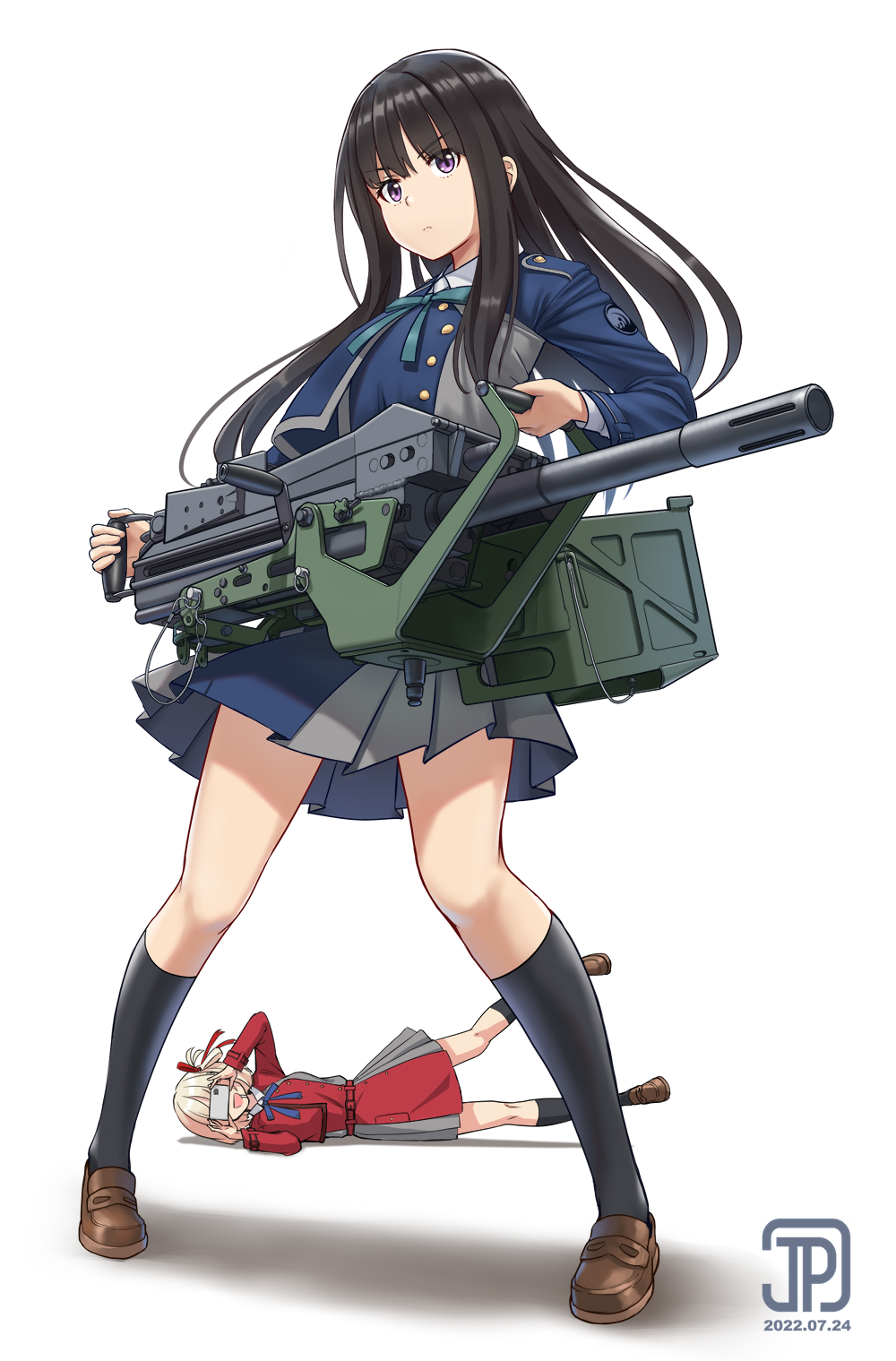 2girls aqua_ribbon automatic_grenade_launcher black_hair blue_jacket blue_ribbon brown_footwear dated dress female_pervert grenade_launcher highres inoue_takina jacket jpc legs loafers long_hair looking_at_viewer lycoris_recoil lying mk_19_grenade_launcher multiple_girls nishikigi_chisato on_side pervert red_dress red_jacket ribbon school_uniform shirt shoes sidelocks signature simple_background two-tone_dress view_between_legs weapon white_background white_shirt