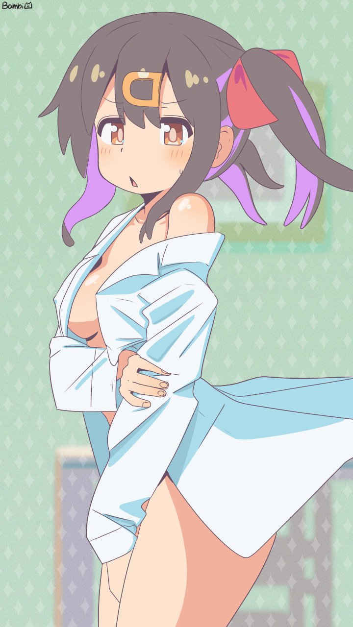 1girl arm_under_breasts artist_name bambi2000line black_hair breasts brown_eyes commentary covered_erect_nipples covering_crotch covering_privates cowboy_shot from_side hair_ornament hair_ribbon hairclip highres lab_coat long_sleeves looking_at_viewer medium_breasts medium_hair multicolored_hair naked_lab_coat onii-chan_wa_oshimai! oyama_mihari purple_hair red_ribbon ribbon single_off_shoulder solo triangle_mouth twintails two-tone_hair
