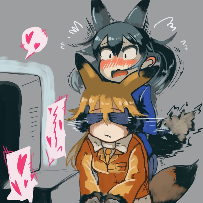 10s 2girls animal_ears blush covering_another&#039;s_eyes ezo_red_fox_(kemono_friends) fox_ears fox_tail heart implied_pornography kemono_friends mcgunngu multiple_girls silver_fox_(kemono_friends) spoken_heart tail television