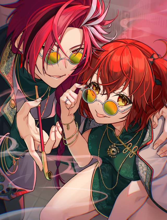 1boy 1girl black_hair bracelet chaldea_logo china_dress chinese_clothes dress fate/grand_order fate_(series) fujimaru_ritsuka_(female) green-tinted_eyewear hair_ornament hair_scrunchie hand_on_another&#039;s_shoulder holding holding_smoking_pipe ichino_tomizuki jacket jewelry multicolored_hair one_side_up orange_hair red_eyes red_hair round_eyewear scrunchie side_ponytail smoking_pipe streaked_hair takasugi_shinsaku_(fate) tinted_eyewear tongue tongue_out white_hair yellow_eyes
