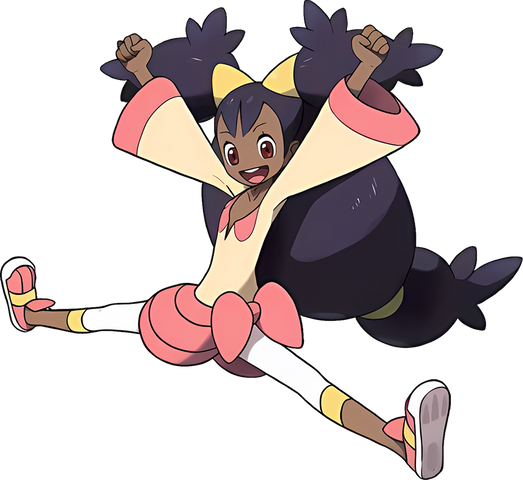 1girl black_hair clenched_hand dark-skinned_female dark_skin hair_ornament iris_(pokemon) jumping long_hair long_sleeves nintendo official_art oomura_yuusuke pants pokemon pokemon_bw ponytail red_eyes shirt shoes smile solo split transparent_background white_background white_pants