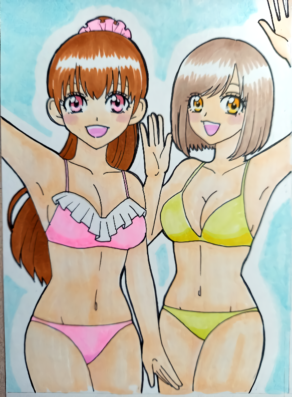 2girls amber_hair bikini brown_hair eri_(goseiger) highres kwai_chi moune multiple_girls pink_eyes super_sentai swimsuit tensou_sentai_goseiger yellow_eyes