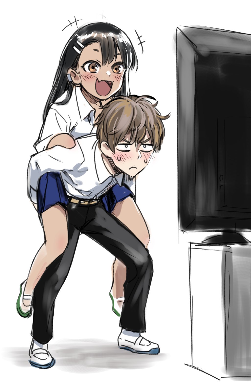 +++ 1boy 1girl 774_(nanashi) :d black_hair black_pants blue_skirt brown_eyes brown_hair carrying closed_mouth collared_shirt fang full_body hachiouji_naoto highres ijiranaide_nagatoro-san long_hair long_sleeves nagatoro_hayase official_art open_mouth pants piggyback pleated_skirt school_uniform shirt short_hair simple_background skin_fang skirt smile tan television white_background white_shirt