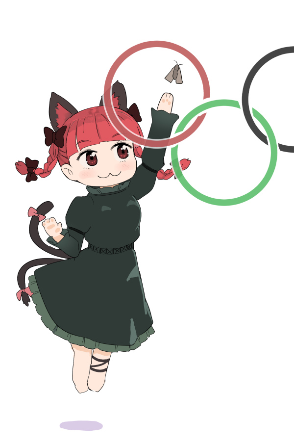 1girl :3 animal_ears arm_up barefoot bow braid cat_ears cat_girl cat_tail chibi dress green_dress hair_bow heart heart_tail kaenbyou_rin leg_ribbon light_blush multiple_tails nekomata olympic_rings puuakachan red_eyes red_hair ribbon solo tail tail_bow tail_ornament tail_ribbon touhou twin_braids two_tails