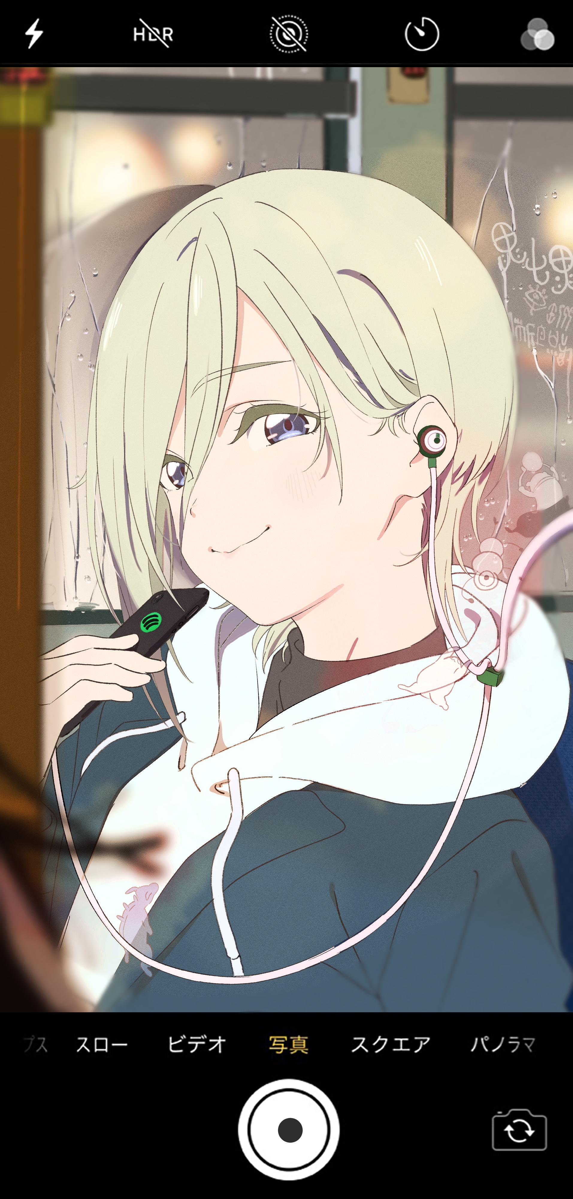 1girl absurdres black_shirt blonde_hair blue_eyes blue_jacket cellphone colored_eyelashes from_side hand_up headphones highres holding holding_phone hood hood_down hoodie jacket looking_at_viewer lotte_(company) open_clothes open_jacket phone pink_valentine saitou_atsushi_(kamatamanankotu) shirt short_hair smartphone smile solo spotify upper_body viewfinder white_hoodie yukie_(pink_valentine)