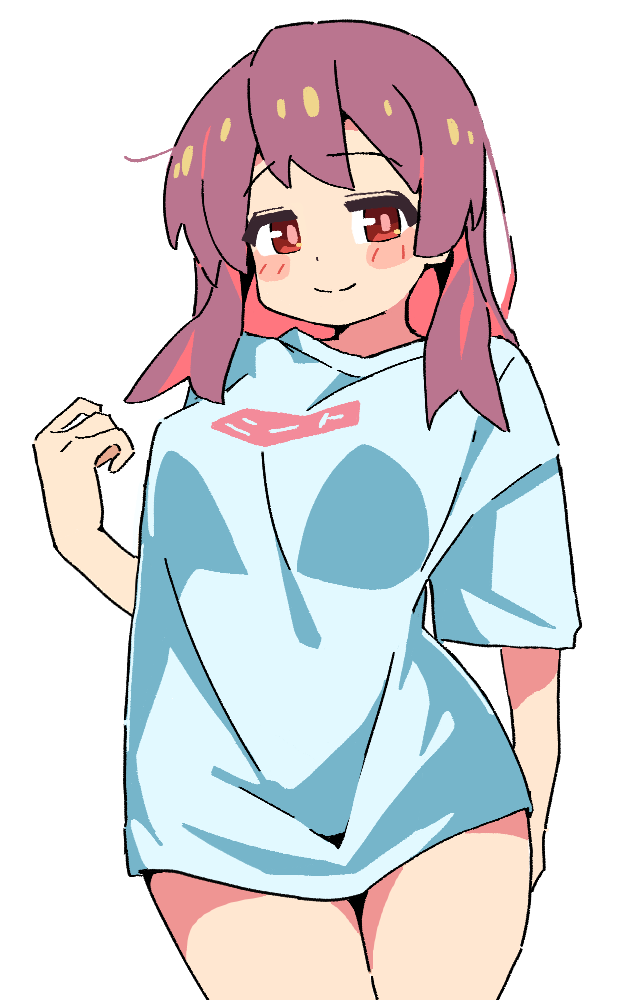 1girl blush_stickers breasts colored_inner_hair commentary cosplay cowboy_shot dot_nose hair_down large_breasts long_hair looking_at_viewer multicolored_hair murosaki_miyo no_pants noyama_takenoko onii-chan_wa_oshimai! oversized_clothes oversized_shirt oyama_mahiro oyama_mahiro_(cosplay) purple_hair red_eyes red_hair shirt short_sleeves simple_background smile solo t-shirt two-tone_hair white_background white_shirt
