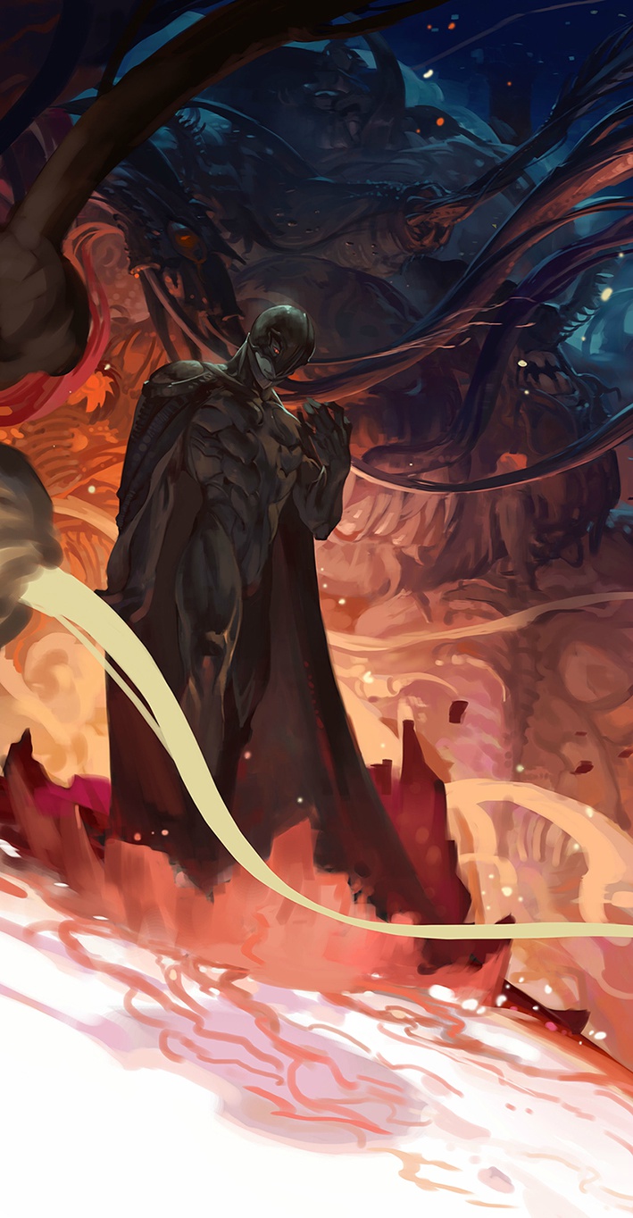 1boy arm_up armor berserk black_armor black_cloak cloak closed_mouth demon divine_being eldritch_abomination embers femto_(berserk) griffith_(berserk) helmet highres hunsay looking_at_viewer monster red_eyes solo_focus tentacles