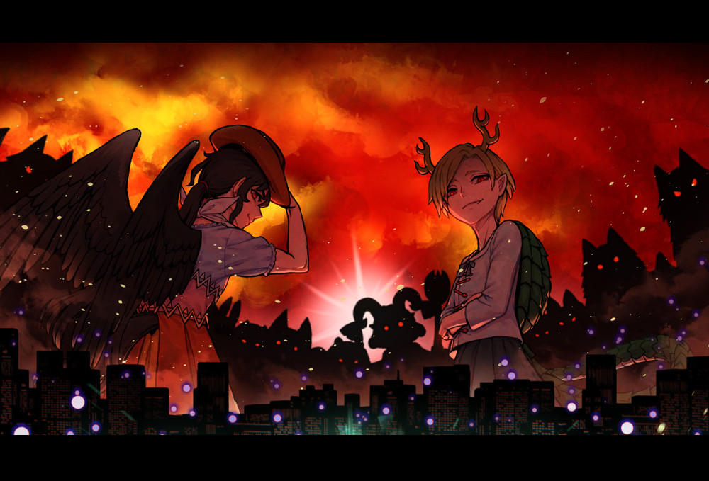 antlers bandana black_hair black_wings blonde_hair blue_shirt brown_hat cowboy_hat dragon_girl dragon_horns feathered_wings hat holding holding_spork horn_ornament horn_ribbon horns kicchou_yachie kurokoma_saki long_hair looking_at_viewer meimaru_inuchiyo monster_girl pegasus_wings red_eyes ribbon sheep_horns shirt short_hair smile spork square_neckline touhou toutetsu_yuuma turtle_shell white_bandana wily_beast_and_weakest_creature wings yellow_horns