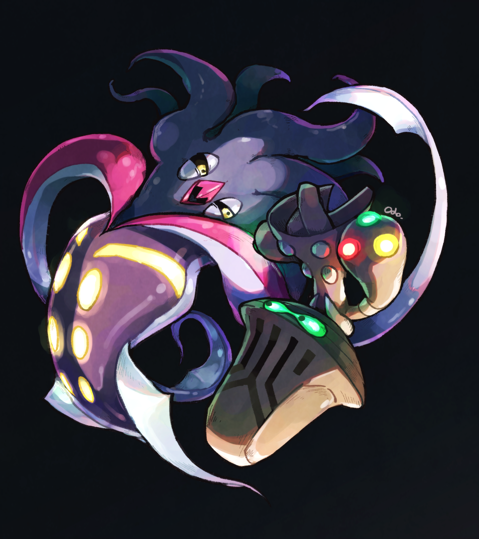animal_focus beheeyem black_background full_body gen_5_pokemon gen_6_pokemon looking_at_another malamar neon_lights nintendo odo_7ta pokemon pokemon_(creature) simple_background tentacles yellow_eyes
