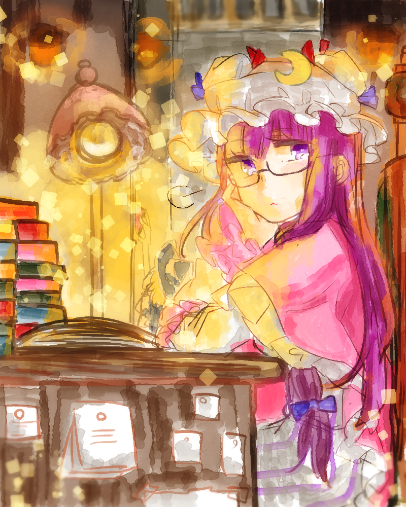 ark_tr blue_bow book bow crescent crescent_hat_ornament desk desk_lamp dress frilled_dress frills glasses hair_bow hand_on_own_cheek hand_on_own_face hat hat_bow hat_ornament lamp library long_hair looking_at_viewer mob_cap patchouli_knowledge purple_eyes purple_hair sitting striped_clothes striped_dress touhou