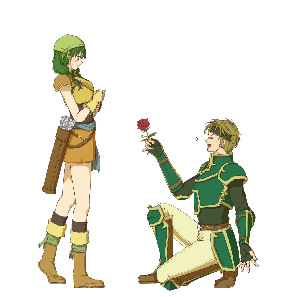 1boy 1girl armor arrow_(projectile) bandana belt blush boots bracer breastplate breasts closed_eyes delsaber dress fingerless_gloves fire_emblem fire_emblem:_the_blazing_blade flower full_body gloves green_eyes green_hair headband kneeling leg_armor netorare nintendo on_one_knee open_mouth pants profile quiver rebecca_(fire_emblem) rose sain_(fire_emblem) sash short_hair simple_background sparkle standing sweatdrop twintails white_background