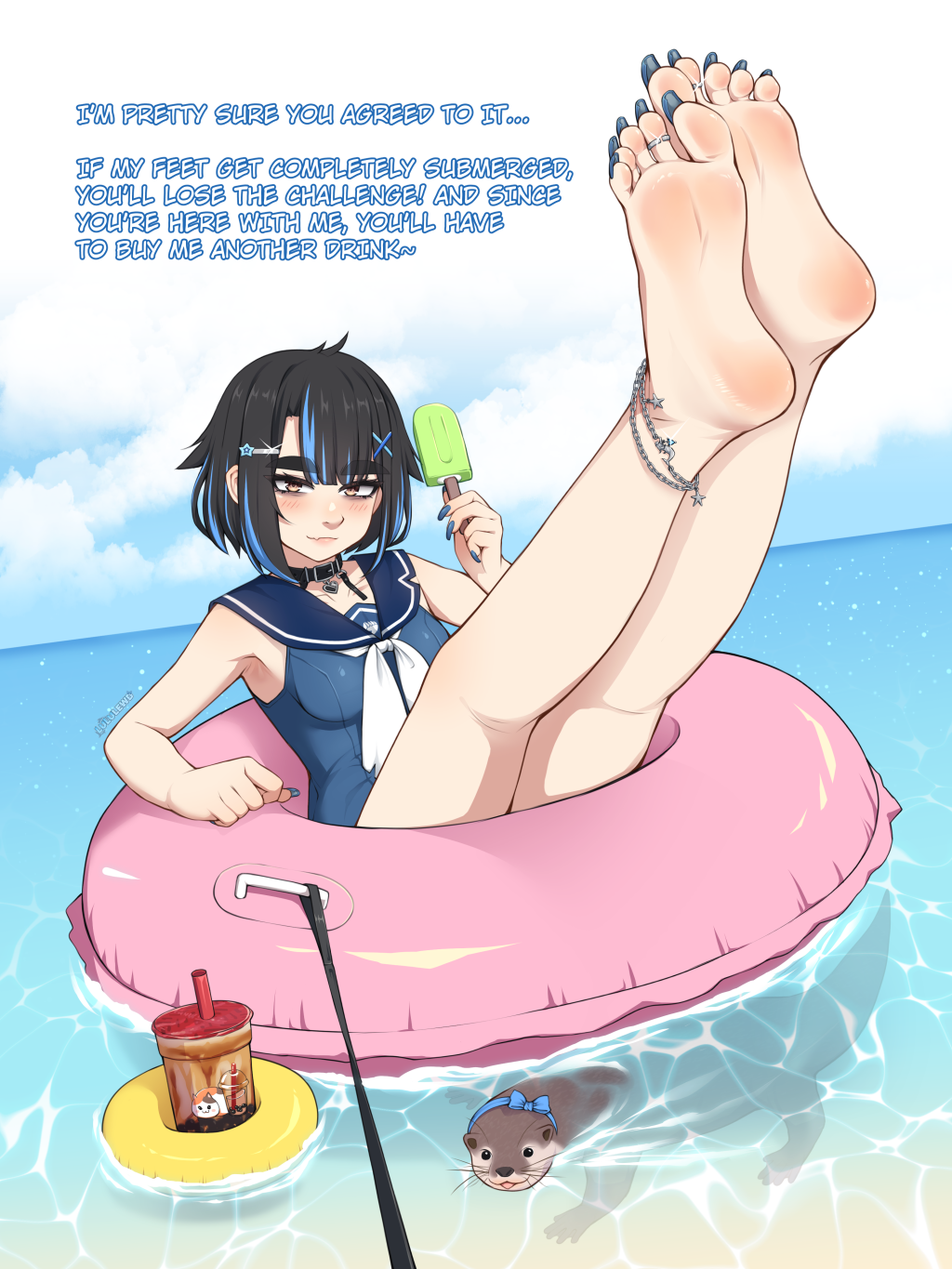 1girl afloat anklet arm_support artist_name bags_under_eyes bare_legs barefoot belt_collar black_collar black_hair blue_hair blue_nails blue_one-piece_swimsuit blue_sailor_collar blue_sky brown_eyes cloud cloudy_sky collar commentary cup day disposable_cup drinking_straw dutch_angle english_commentary english_text fang feet_up fingernails food foot_focus hair_ornament hairclip heart_pendant highres holding holding_food holding_popsicle jewelry long_fingernails long_toenails lululewd multicolored_hair nail_polish neckerchief ocean one-piece_swimsuit original otter outdoors paid_reward_available pink_innertube popsicle sailor_collar short_hair sidelocks skin_fang sky smile soles solo streaked_hair swimming swimsuit thick_eyebrows toe_ring toenail_polish toenails two-tone_hair white_neckerchief x_hair_ornament yellow_innertube