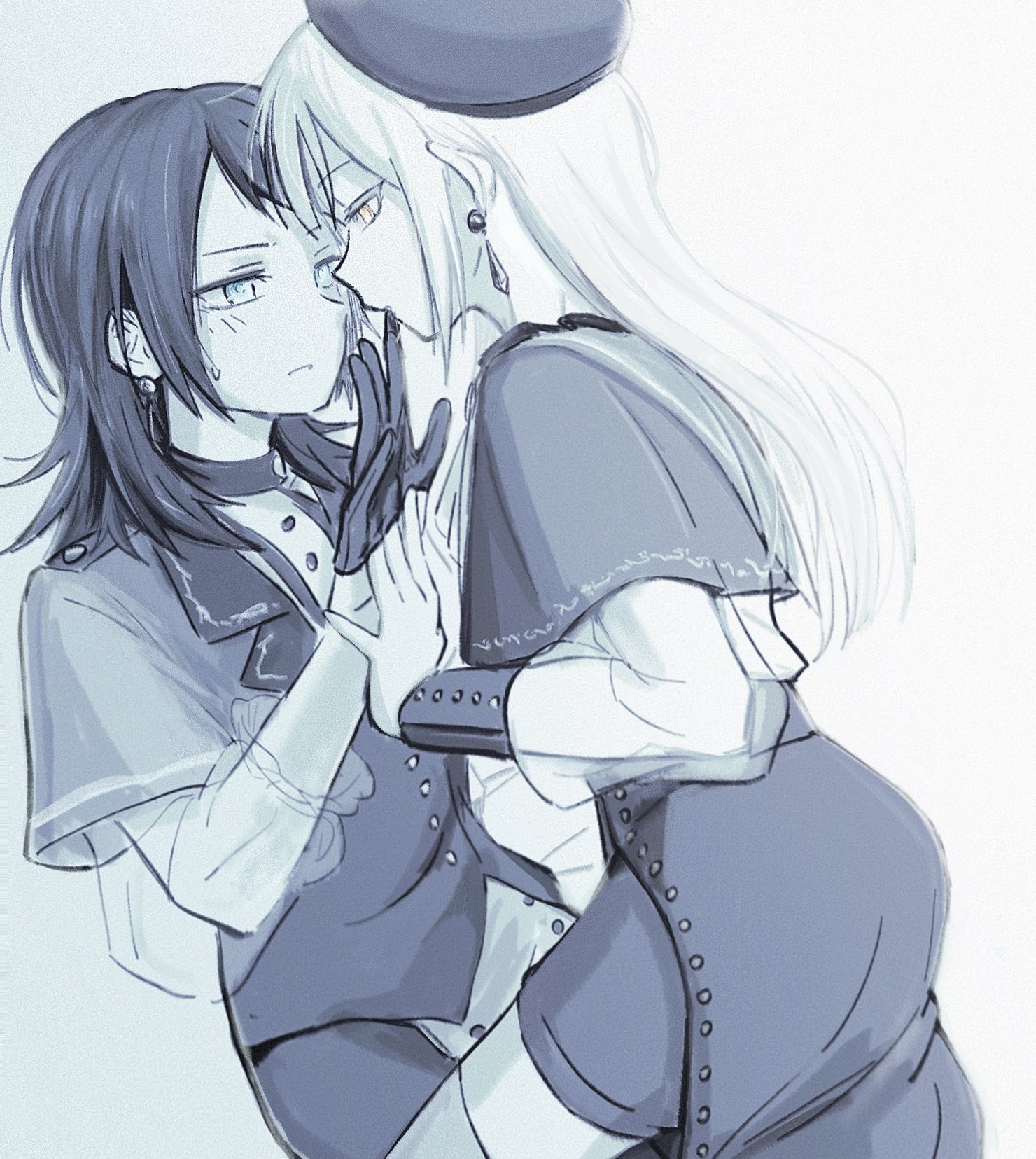 2girls bang_dream! bang_dream!_it's_mygo!!!!! blue_eyes blush capelet commentary_request earrings glove_in_mouth glove_pull gloves greyscale hat highres jewelry long_hair monochrome mortis_(bang_dream!) mortis_(costume)_(bang_dream!) mouth_hold multiple_girls parted_lips see-through_clothes see-through_sleeves shorts skirt spot_color timoris_(bang_dream!) wakaba_mutsumi yahata_umiri yakaze_(yakaze1604) yellow_eyes yuri