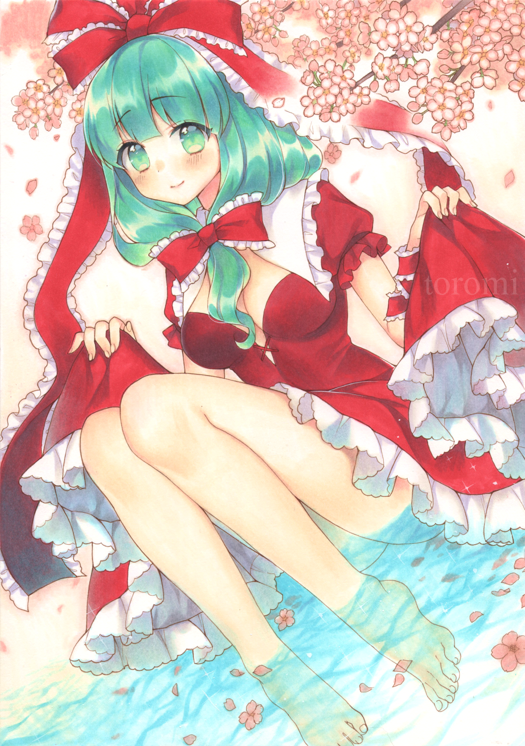 1girl bare_legs barefoot bow breasts clothes_lift dress dress_lift feet frilled_dress frills front_ponytail green_eyes green_hair highres kagiyama_hina knees_together_feet_apart knees_up looking_at_viewer marker_(medium) mugicha_(mugicha0929) red_bow red_dress red_ribbon ribbon smile soaking_feet solo toenails toes touhou traditional_media