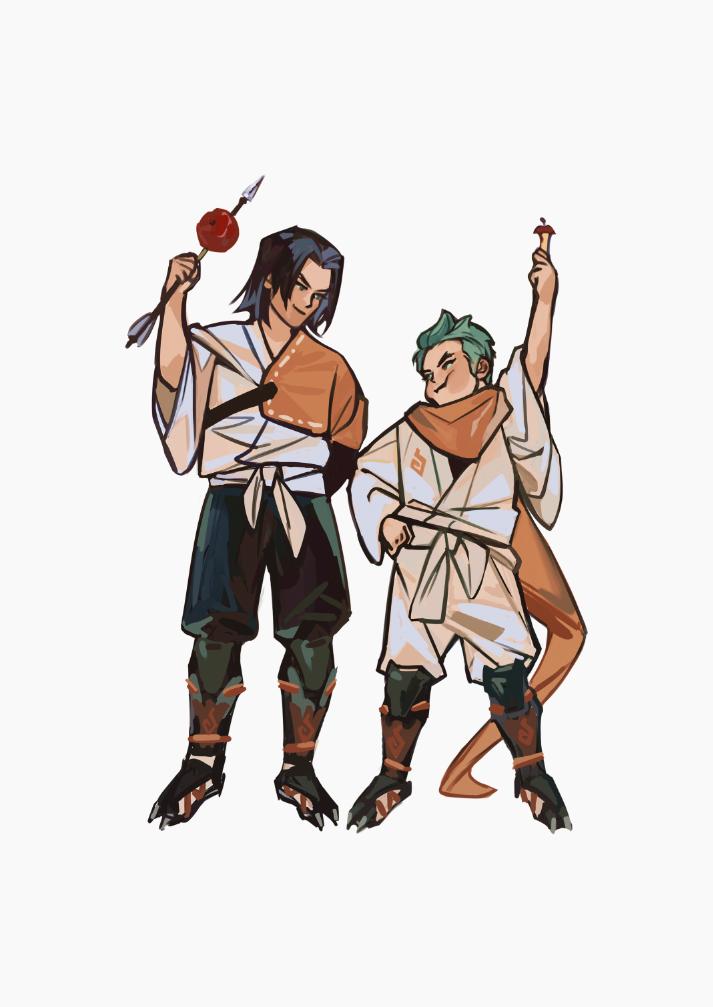 2boys aged_down apple apple_core arm_behind_back arm_up arrow_(projectile) black_footwear black_hair black_pants brothers chewing clawed_boots eye_contact food forked_eyebrows fruit genji_(overwatch) green_hair hanzo_(overwatch) holding holding_arrow holding_food holding_fruit long_scarf looking_at_another male_focus medium_hair multiple_boys orange_scarf overwatch overwatch_1 pants puppy_1ove scarf short_sleeves siblings white_pants wide_sleeves