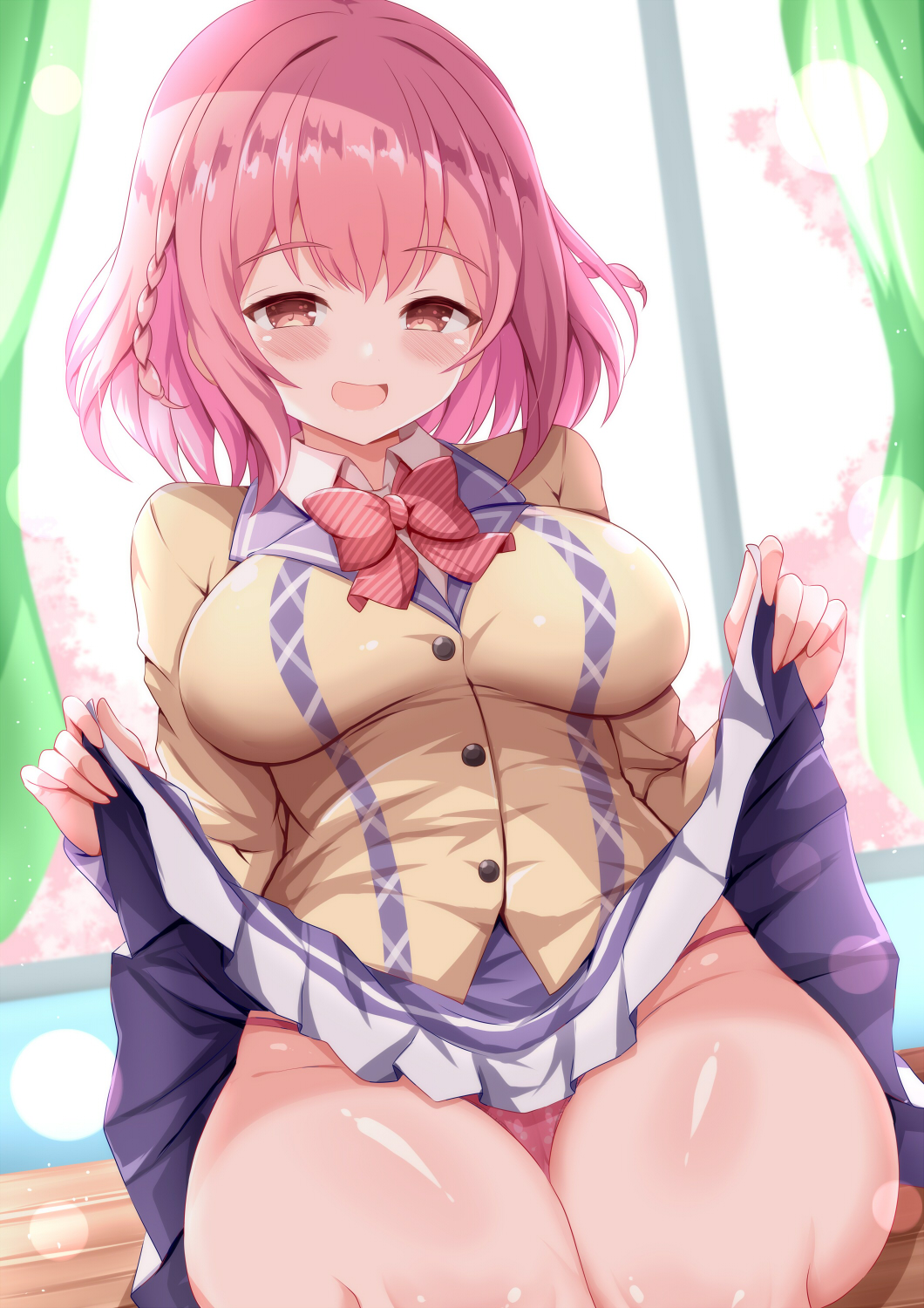 1girl :d blush bow braid breasts brown_eyes brown_jacket clothes_lift collared_shirt commentary_request curtains day diagonal-striped_bow feet_out_of_frame frilled_skirt frills highres hoshizaki_akari indoors jacket large_breasts lifting_own_clothes looking_at_viewer ongeki open_mouth panties pink_hair pink_panties purple_skirt red_bow shirt sitting skirt skirt_lift smile solo sunlight thighs underwear white_shirt window xenon_(for_achieve)