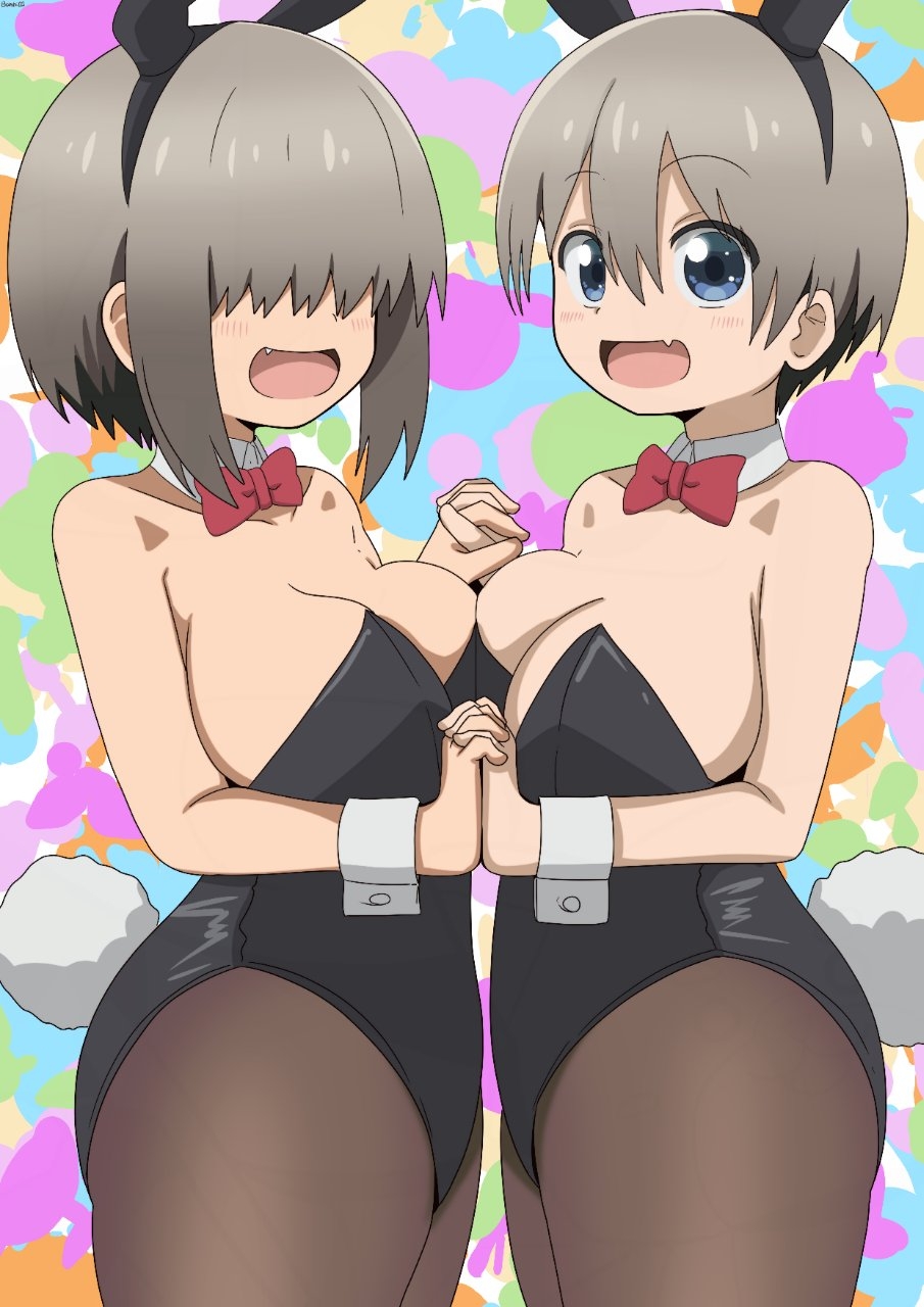 2girls animal_ears bambi2000line black_leotard blue_eyes blush bow bowtie breast_press breasts brown_hair cleavage collarbone detached_collar fang gradient_hair grey_hair hair_between_eyes hair_over_eyes highres interlocked_fingers large_breasts leotard looking_at_viewer multicolored_hair multiple_girls pantyhose patterned_background playboy_bunny rabbit_ears rabbit_tail red_bow senpai_ga_uzai_kouhai_no_hanashi short_hair siblings sidelocks sisters skin_fang smile symmetrical_docking symmetrical_pose tail uzaki_hana uzaki_yanagi wrist_cuffs