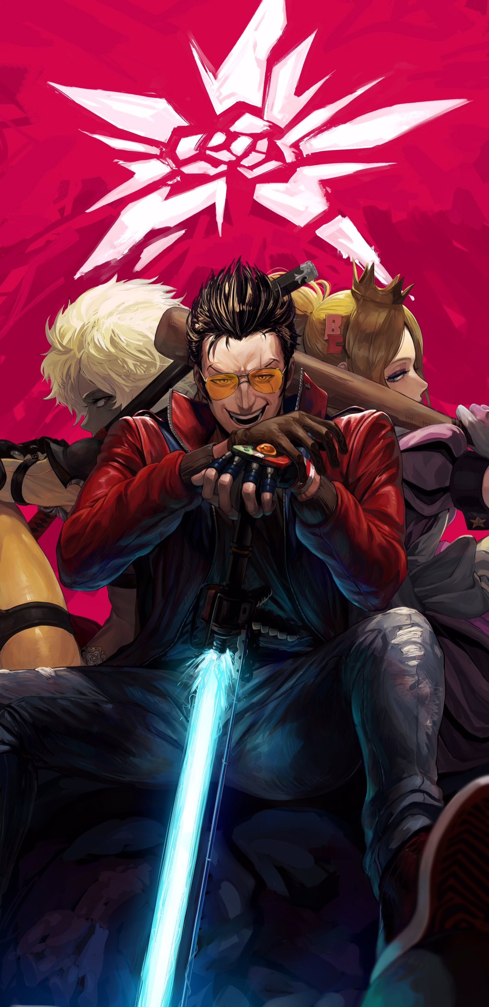 1boy 2girls afro bad_girl black_hair blonde_hair breasts dark-skinned_female dark_skin denim energy_sword gloves hair_ornament hair_over_one_eye highres jacket jeans katana lipstick long_hair looking_at_viewer makeup male_focus milmir multiple_girls necktie no_more_heroes pants purple_eyes red_jacket scarf shinobu_jacobs shirt short_hair skirt smile sunglasses sword thighhighs travis_touchdown underwear weapon