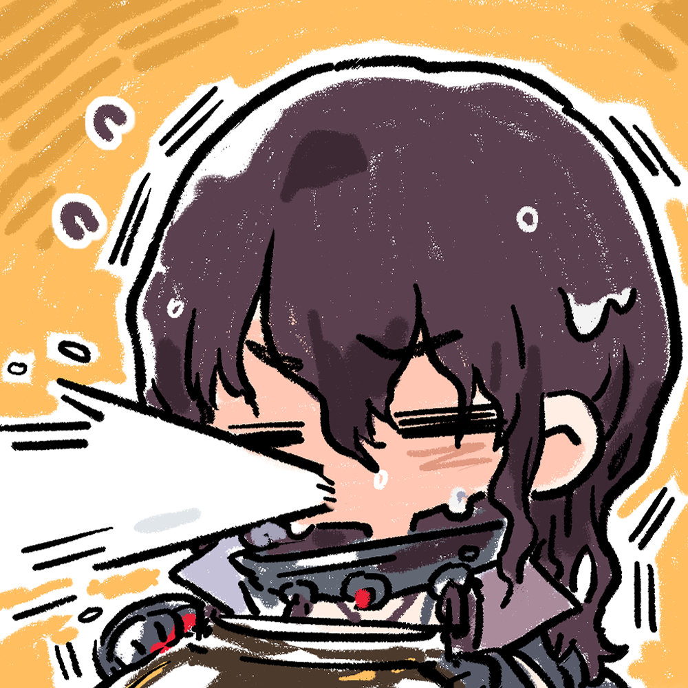 1girl black_hair chibi chibi_only chinese_commentary closed_eyes cui_pi_zha_xia_qiu flying_sweatdrops girls&#039;_frontline girls&#039;_frontline_neural_cloud hatsuchiri_(neural_cloud) official_art second-party_source sneezing solo wavy_hair