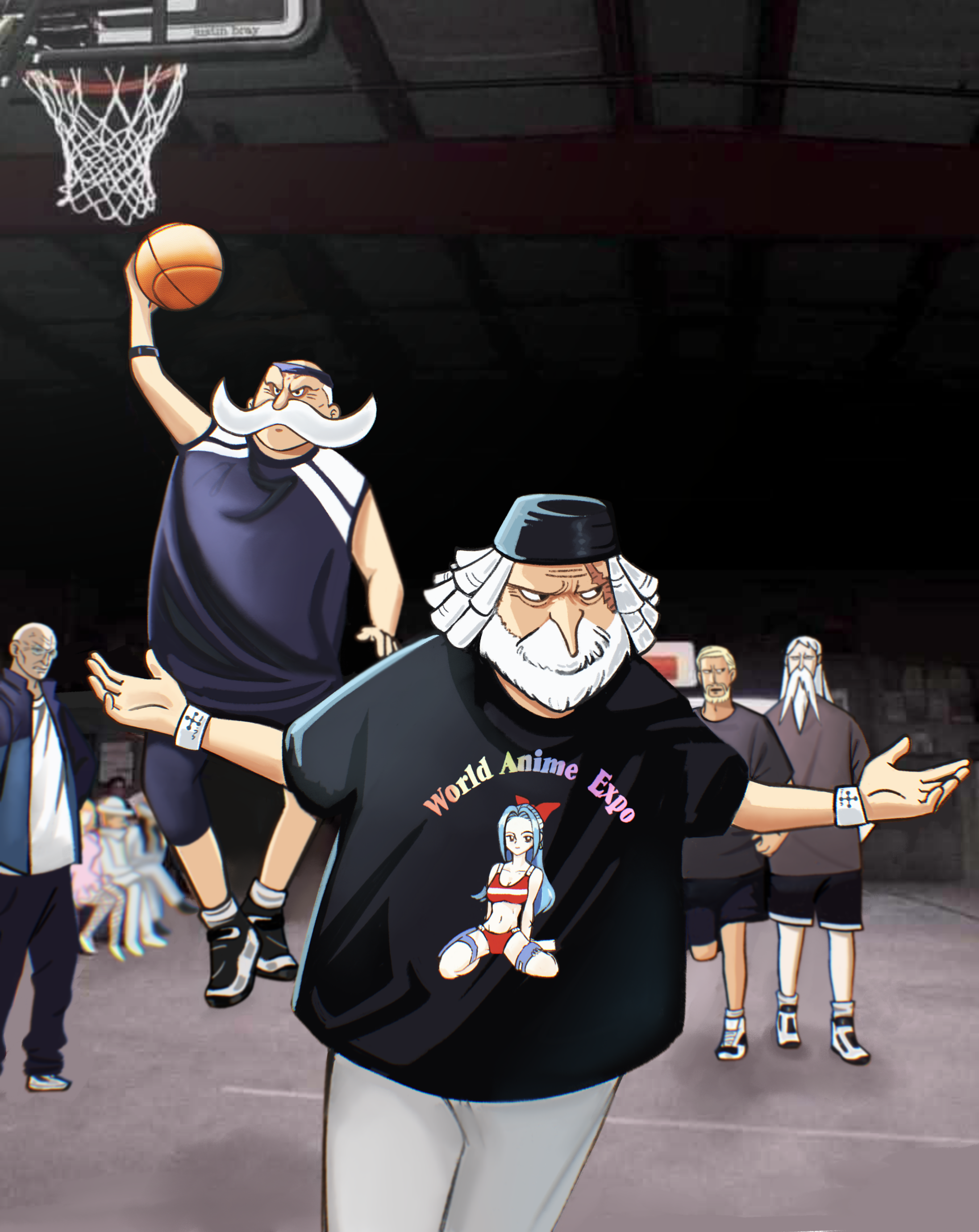 absurdres bald ball basketball basketball_(object) beard black_hair ethan-baron_v._nusjuro facial_hair gorosei highres jaygarcia_saturn kaku_(one_piece) marcus_mars multiple_boys mustache old old_man one_piece rob_lucci scar scar_on_face shepherd_ju_peter the_office topman_warcury white_hair