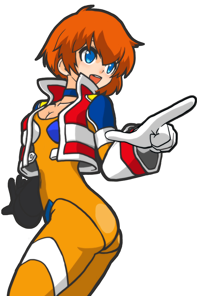 1girl blue_eyes bodysuit breasts burning_rangers cleavage female_focus gauntlets gloves pointing red_hair sega simple_background solo tillis white_background yososhi