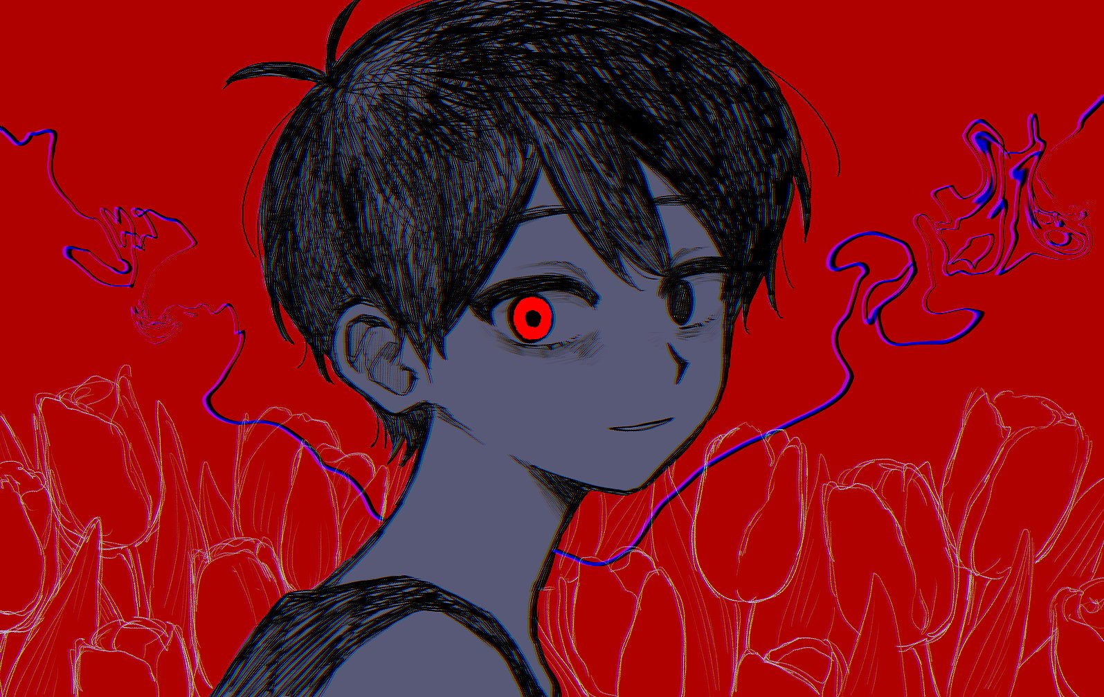 1boy abstract_background alternate_eye_color antenna_hair bags_under_eyes black_eyes black_hair black_tank_top blue_background chromatic_aberration colored_skin double-parted_bangs flower from_behind glowing glowing_eye grin hair_behind_ear hair_between_eyes hatching_(texture) heterochromia looking_at_viewer looking_back male_focus omori omori_(omori) portrait red_background red_eyes rou_(h_s_sinrin) short_hair simple_background smile solo tank_top tulip very_short_hair white_skin