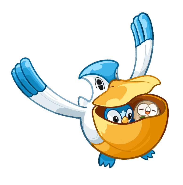 beak bird black_eyes closed_eyes closed_mouth commentary_request flying gen_3_pokemon gen_4_pokemon gen_7_pokemon in_mouth korean_commentary nintendo no_humans pelipper piplup pokemon pokemon_(creature) rowlet transparent_background yamaegom