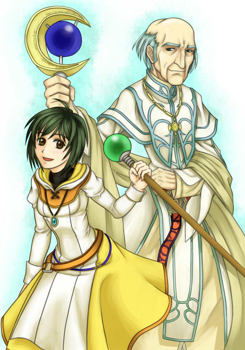 1boy 1girl :d bald_cap balding dress fire_emblem fire_emblem:_radiant_dawn green_hair hetzel_(fire_emblem) holding holding_staff laura_(fire_emblem) looking_at_another nintendo old old_man open_mouth purutoppu_(toranohige) robe smile staff white_dress white_robe