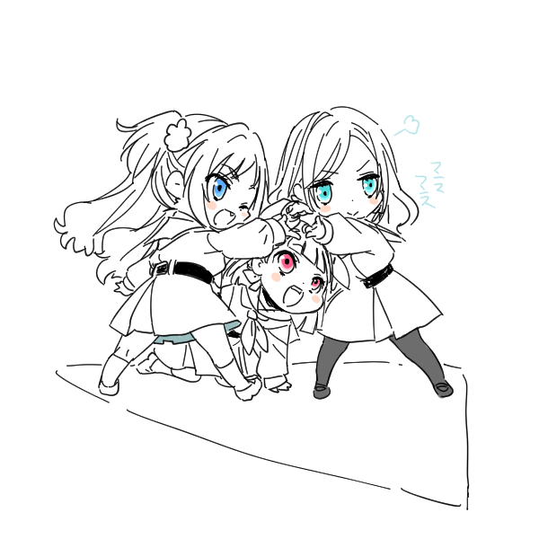 &gt;:) 3girls :&gt; :d ;d all_fours black_pantyhose black_shoes blue_eyes ceras_yanagida_lilienfeld commentary_request dress flower hair_flower hair_ornament hasu_no_sora_school_uniform height_connection kachimachi_kosuzu legs_apart link!_like!_love_live! long_hair long_sleeves love_live! multiple_girls neckerchief one_eye_closed open_mouth osawa_rurino pantyhose pink_eyes pleated_dress puff_of_air sailor_collar sailor_dress school_uniform shinanoya_(satanicad) shoes simple_background smile spot_color standing swept_bangs teeth twintails upper_teeth_only v-shaped_eyebrows virtual_youtuber wavy_hair white_background winter_uniform