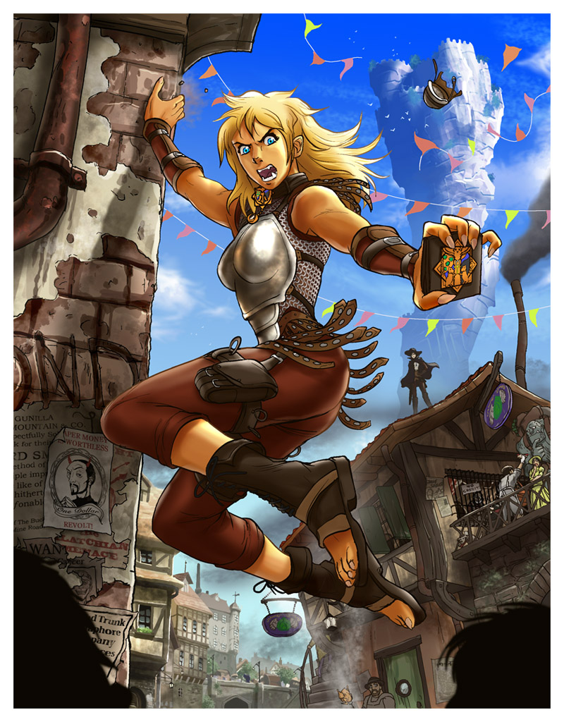 2boys 3girls angua_von_uberwald arm_guards armor badge beard bird blonde_hair blue_eyes blue_sky boots border breastplate breasts brown_pants building bunting cape carcer_dun castle chainmail chimney city collar cut-me-own-throat_dibbler day discworld dog door drainpipe dress english_text facial_hair fangs feet fingernails full_body gaspode goatee green_dress hat unworn_headwear helmet unworn_helmet jewelry jumping lantern long_hair looking_at_viewer medium_breasts merchant multiple_boys multiple_girls no_socks open_mouth outdoors outstretched_arms pants pendant pennant industrial_pipe poster_(object) pouch pteruges railing ruben_de_vela salacia_von_humpeding sharp_fingernails sign silhouette sky smoke solo_focus stairs standing_on_roof string_of_flags teeth the_patrician toeless_footwear toes tower troll unseen_university vambraces vampire wanted_poster werewolf white_border
