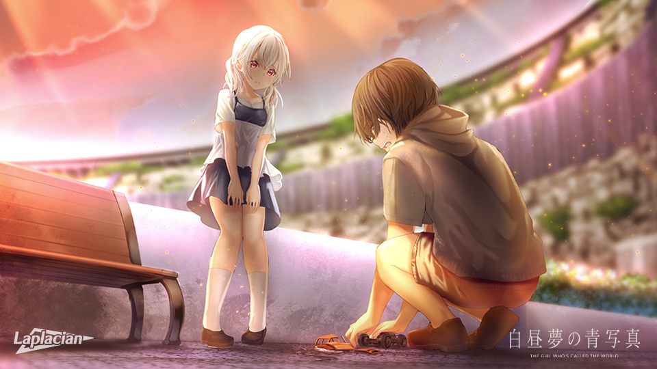 1boy 1girl blouse blue_skirt broken_toy brown_shoes child copyright_name frown hakuchuumu_no_aojashin kaito_(hakuchuumu_no_aojashin) leaning_forward medium_hair official_art shimofuri shirt shoes short_hair skirt socks toy toy_car white_shirt white_socks yonagi_(hakuchuumu_no_aojashin)