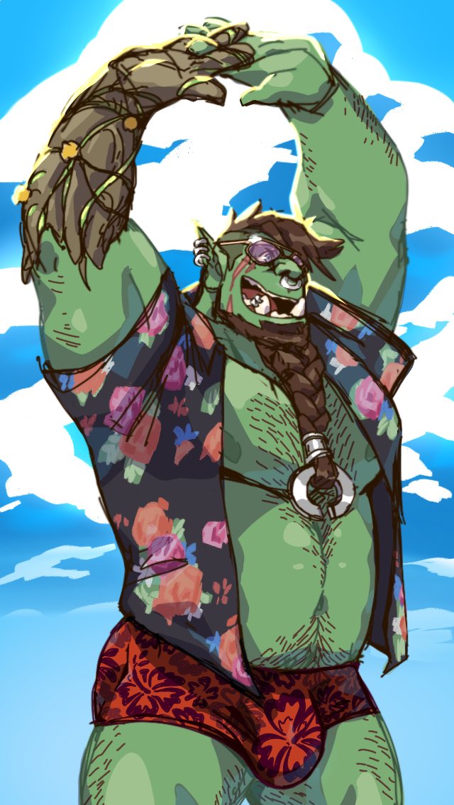 1boy :d alternate_costume bare_pectorals beard belly braid braided_beard brown_hair colored_skin cowboy_shot cracking_knuckles face_piercing facial_hair florakinesis full_beard gradient_skin green_skin hairy hawaiian_shirt large_pectorals long_beard male_focus male_swimwear mature_male monster_boy muscular muscular_male nipples nose_piercing nose_ring open_clothes open_mouth open_shirt orc original own_hands_together pectorals piercing pointy_ears red_male_swimwear second-party_source shirt short_hair smile standing stretching strongman_waist swim_briefs taoren thick_beard thick_eyebrows thick_thighs thighs tusks undercut zargaron_(rosegorc)