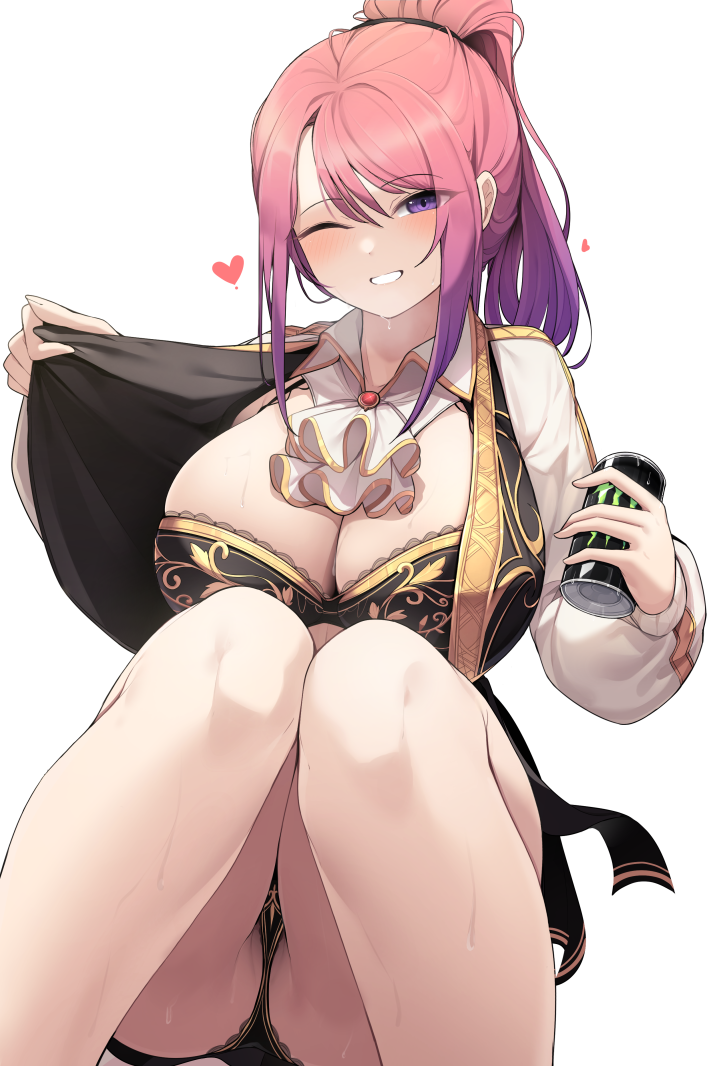 1girl ascot bare_legs black_bra black_jacket black_panties blush bra breasts bremerton_(azur_lane) can commentary ddangbi energy_drink gold_trim gradient_hair grin hair_between_eyes hands_up heart holding holding_can jacket knees knees_together_feet_apart knees_up large_breasts long_sleeves looking_at_viewer monster_energy multicolored_hair multicolored_jacket one_eye_closed open_clothes open_jacket original panties pantyshot pink_hair purple_eyes purple_hair simple_background sitting smile solo surcouf_(azur_lane) sweat two-tone_jacket underwear white_ascot white_jacket