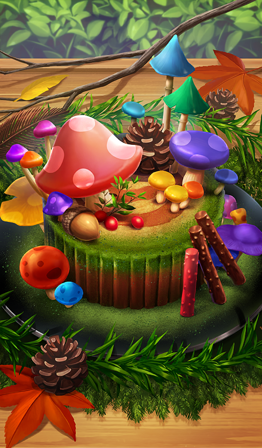 acorn branch chocolate_river_no_sono_saki_ni commentary_request fate/grand_order fate_(series) food food_art food_focus leaf mushroom no_humans official_art pinecone still_life third-party_source yamaguchi_akira