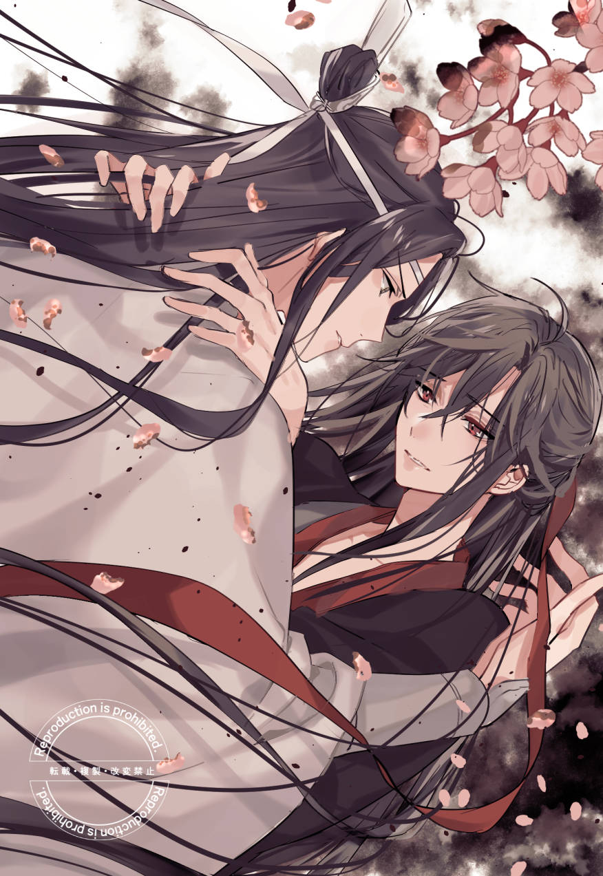 2boys bishounen black_hair black_hanfu cherry_blossoms chinese_clothes dutch_angle eye_contact falling_petals flower hair_between_eyes hair_down hair_ribbon half_updo hand_on_another&#039;s_shoulder hanfu headband highres hug hyottokoane lan_wangji long_hair long_sleeves looking_at_another male_focus modao_zushi multiple_boys official_alternate_hairstyle parted_lips petals pink_flower red_eyes red_ribbon ribbon robe sidelocks topknot upper_body very_long_hair watermark wei_wuxian wei_wuxian_(yiling_laozu) white_hanfu white_headband wide_sleeves xiao_guan_(headdress) yaoi yellow_eyes