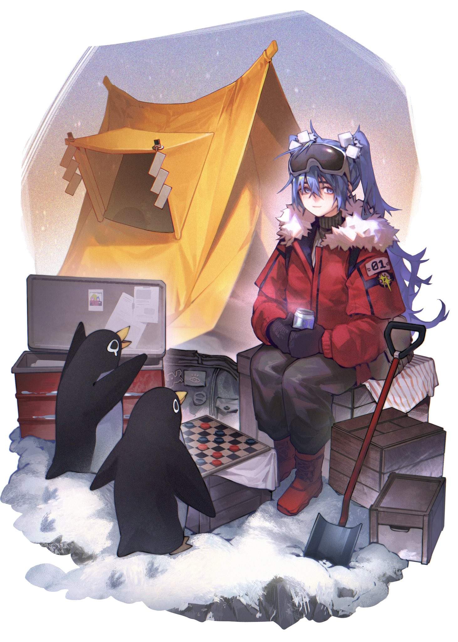 1girl antarctica bag bird black_bag black_bird black_mittens black_pants blue_eyes blue_hair blush board_game boots border box breath brown_bag can checkers_piece chessboard closed_mouth coat cold commentary cooler crate cube_hair_ornament day drink drink_can duffel_bag english_commentary from_side full_body fur-trimmed_hood fur_trim goggles goggles_on_head grey_sweater hair_between_eyes hair_ornament hatsune_miku highres holding holding_can holding_drink hood hood_down light_smile long_hair looking_at_viewer looking_to_the_side messenger_bag messy_hair mittens on_box outdoors pants paper penguin playing_games red_boots red_coat ribbed_sweater rock shide shoulder_bag shovel sitting sitting_on_box ski_goggles smile snow snowing soda_can solo steam sweater tearing_up tent turtleneck turtleneck_sweater twintails very_long_hair vocaloid white_bird white_border window winter_clothes wooden_box worldwide_miku zero808w