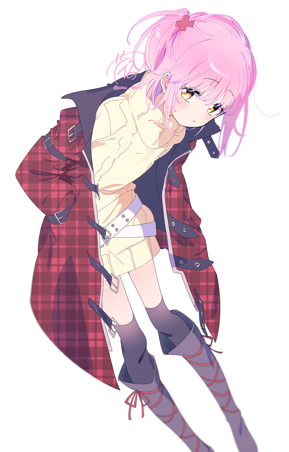 1girl alternate_costume arm_belt belt belt_buckle black_belt black_socks boots buckle closed_mouth coat collared_coat commentary_request crossed_belts dot_nose dress expressionless eyelashes fashion footwear_ribbon frown full_body grey_boots hair_between_eyes hair_ornament highres hinamori_amu knee_boots leaning_forward light_blush long_legs medium_hair multiple_belts one_side_up open_clothes open_coat over-kneehighs paru_rari pink_hair plaid_clothes plaid_coat red_coat red_ribbon ribbon shugo_chara! signature simple_background socks solo standing studded_belt sweater sweater_dress thighhighs turtleneck turtleneck_dress twitter_username unmoving_pattern white_background white_belt x_hair_ornament yellow_dress yellow_eyes